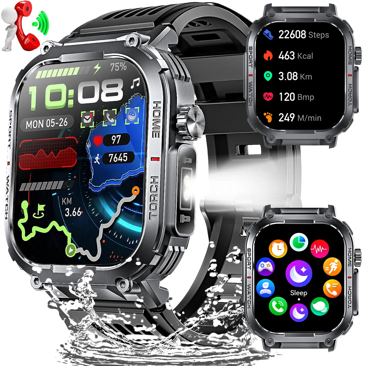 Men's Smart Watch with 2.02" Screen, Waterproof, 400mAh Battery, Remote, Voice Control, Phone Call, Camera, LED Flashlight, Compass, Music Player, Calorie Tracker, 100+ Sport Modes, Health Tracker for iPhone Android - Father Birthday Gift, Speaker, T, Wea