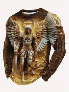 Men's Long Sleeve T-Shirt, Angel Michael Pattern, Gold Sword Design, 3D Print, Loose Fit, Unisex, Casual Style, All Seasons