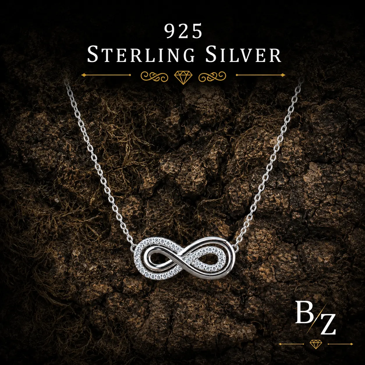 925 Sterling Silver Infinity Necklace for Women with Cubic Zirconias 18”