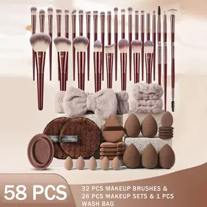 58PCS Makeup Tools Set :32PCS Makeup Brush Sets+5PCS Makeup Sponges+5PCS Mini Makeup Sponges+5PCS Triangle Powder Puffs++5PCS Mini Air Cushion Powder Puff+2PCS Facial Cleansing Sponges+1pc Hairband+2PCS Hand Bowl Strap+1pc Makeup Brush Cleaning Tools