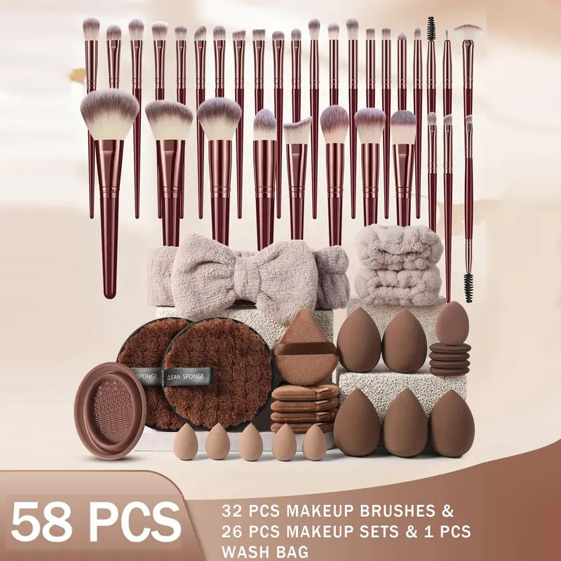 58PCS Makeup Tools Set :32PCS Makeup Brush Sets+5PCS Makeup Sponges+5PCS Mini Makeup Sponges+5PCS Triangle Powder Puffs++5PCS Mini Air Cushion Powder Puff+2PCS Facial Cleansing Sponges+1pc Hairband+2PCS Hand Bowl Strap+1pc Makeup Brush Cleaning Tools, Cos