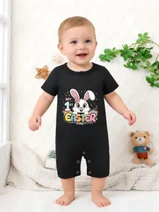 Fashionable Short Sleeve Round Neck Romper, Easter Cartoon Letter Print, Unisex Baby Wear All Year, Perfect Gift for Babies