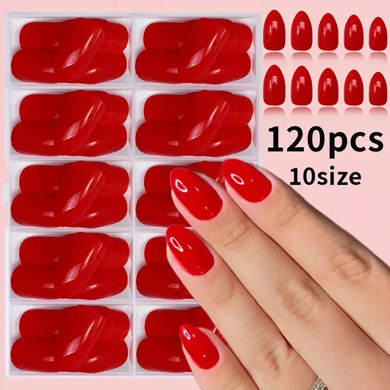 120Pcs Red Patch Nail Set, 10 Size Oval Short Glossy Fake Nails, Decorative Nails, Full Cover Pure Color Artificial False Nails, Removable Almond Shape Press-On Nails, Nail Tips, Nail Art Supplies, Nail Art Products, Ideal Gift for Women and Girls