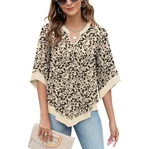 Womens 3/4 Sleeve Chiffon Blouses V Neck Double Layers Mesh Shirts Flowy Dressy Tunic Tops