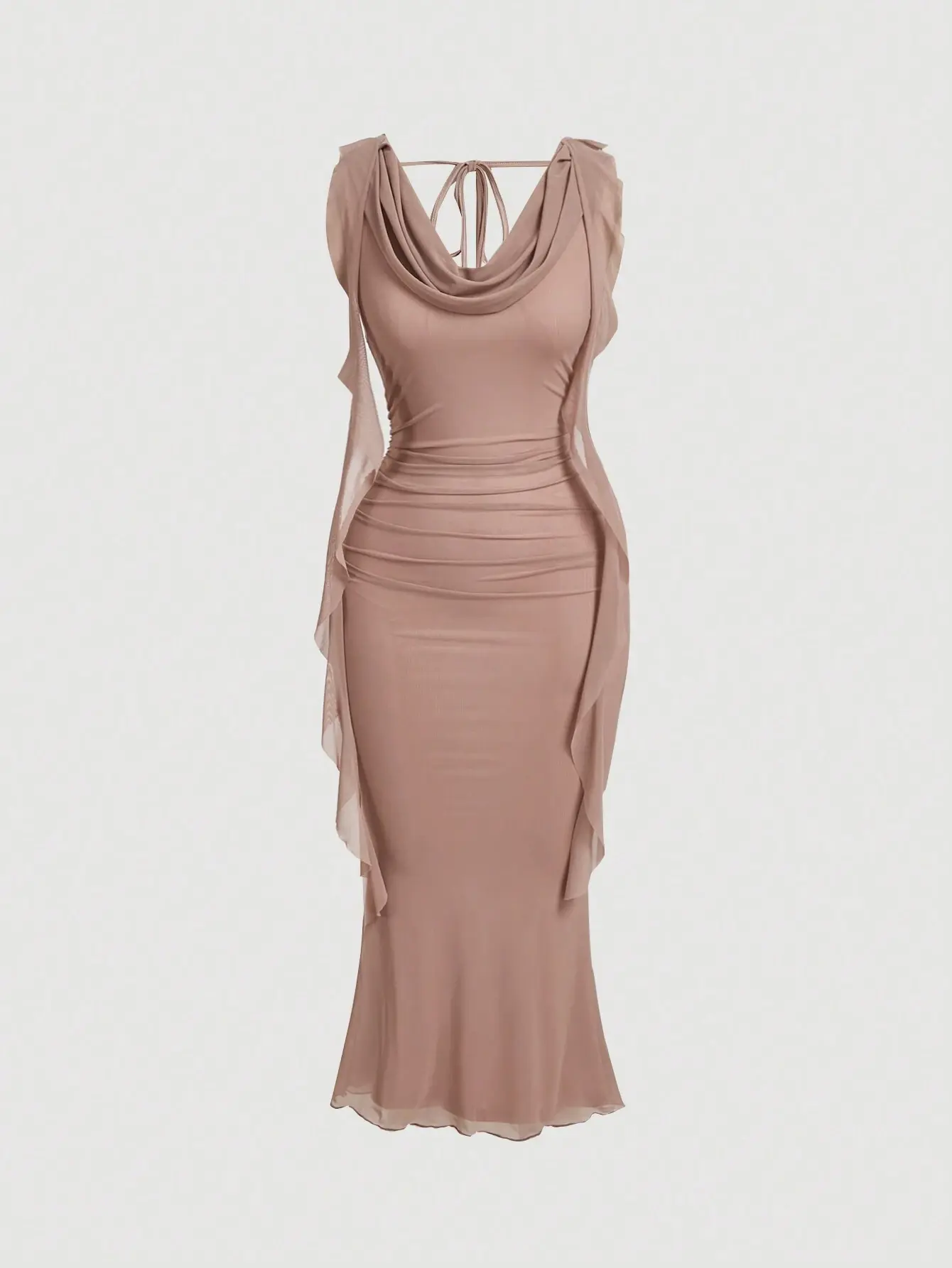 Elegant Women's Plunging Neckline Sash Waist Mesh Panel Midi Dress in Soft  Color for Stylish Wear - Semi-sheer Fabric & Lined Design - TikTok Shop