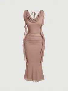 Elegant Women's Plunging Neckline Sash Waist Mesh Panel Midi Dress in Soft Color for Stylish Wear - Semi-sheer Fabric & Lined Design