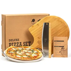 XL 4- Pizza Stone Set - 15" Thermal Shock Resistant Cordierite Baking Stone, 22"   Peel &  Rocker - Large Stone for Grill and Oven