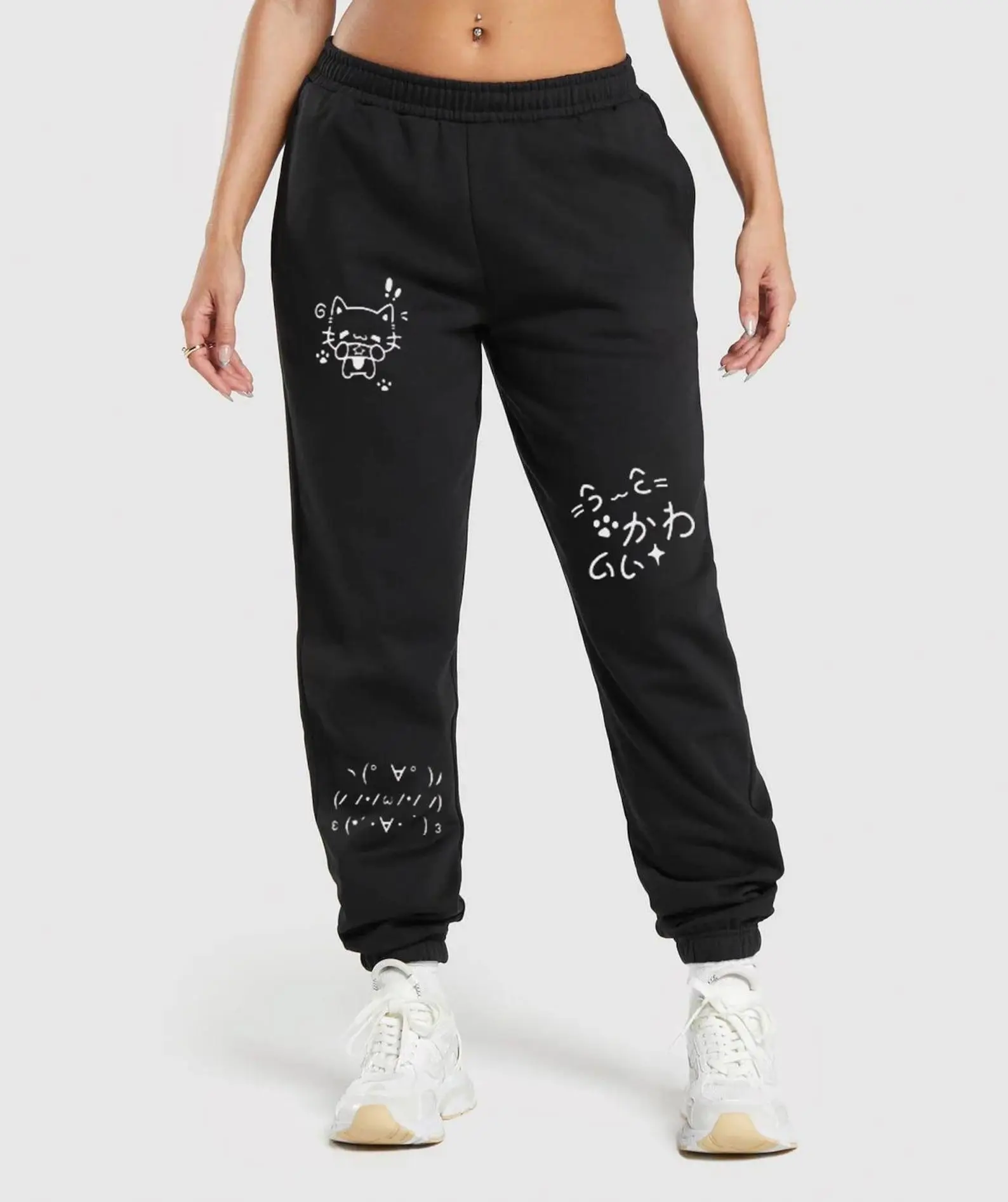 Kawaii Cat Doodle Sweatpants, Cute Japanese Joggers, Heavyweight Cotton Pants, Unisex Graphic Loungewear, Streetwear Baggy Pants