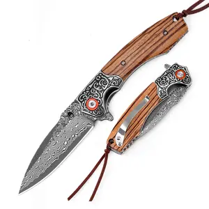 KLAKEN-J358 Ardent, New Damascus Steel Blade With Wooden Handle, EDC Collection Folding Knife