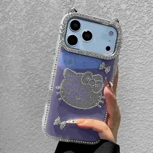 Glitter Rhinestone Cute Cat Bow Phone Case Cover For iPhone 17 16 15 14 13 12 Pro Max Plus Fashion Protective Case