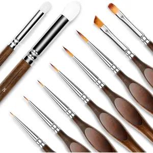 10 pcs Miniature Detail Paint Brushes Set - Precision Round, Filbert & Angular Brushes for Miniature, Model Painting, Watercolor & Figurines - Fine Tip Brush Kit with Ergonomic Handle (10, Brown)