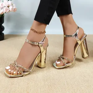 Women's High Heels Sandals Sparkly Glitter Rhinestone Square Open Toe 4.33-inch Chunky Block Heel Footwear with Adjustable Ankle Strap Girl Fashion Comfortable Summer Casual Dressy Heeled Shoes for Wedding Party Prom Evening Daily Wear