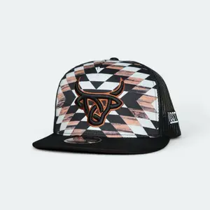 Lost Calf Rustic Black Flat Bill Snapback Hat with Checkered Design and Unique Logo