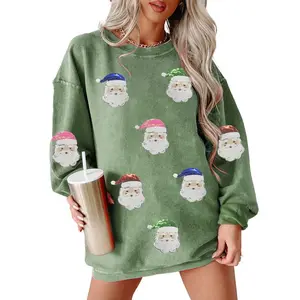 Women's Oversized Grass Green Corded Ribbed Christmas Sweatshirt with Sequined Santa Claus Patches,  Long Sleeve Pullover for Holiday Party,Winteroutfit