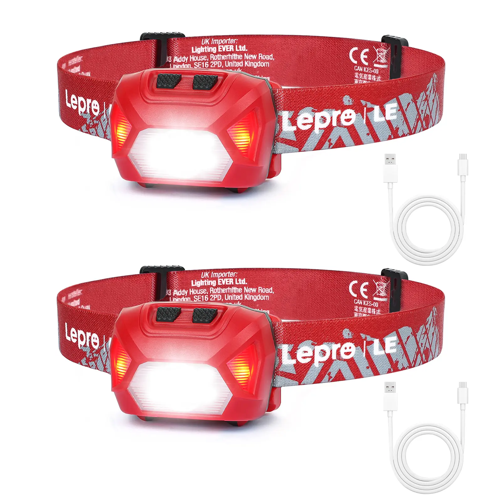 Lepro 2-Pack LED Rechargeable Headlamp, with 6 Modes and Red Green Flashlight, IPX4 Waterproof Super Bright Spot lights Floodlights Flashlights with Adjustable Headband, Type-C Cable, for Work, Camping, Hiking Gear Essentials