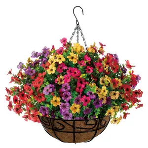 Artificial Faux Hanging Plants Flowers Basket for Summer Outdoor Outside Decoration, Fake Silk UV Sun Resistant Look Real Colorful Daisy Eucalyptus, Artificial Flower Arrangements for Porch Home Patio Balcony Yard