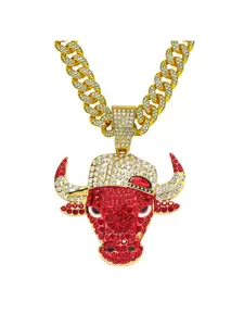 New full-diamond red bull head pendant accessory, bold and unique punk style men's Cuban chain necklace decoration