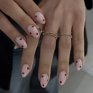 Heart Pattern Fake Nails Kit, 24pcs French Style Short Almond False Nails, Almond Shape Nails for Women & Girls DIY Nail Art Design, Effortless Press on Nails Manicure Set