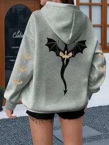 Women's Plus Size Dragon Graphic Hoodie, Casual Streetwear Sweatshirt Long Sleeve Pullover with Kangaroo Pocket, Loose Fit, Thicken Polyester Fabric