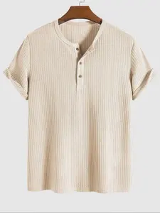 Men's Solid Knit Henley Curved Hem Tee, Regular Fit Casual Short Sleeve T-shirt for Summer, Men's Top for Daily Wear