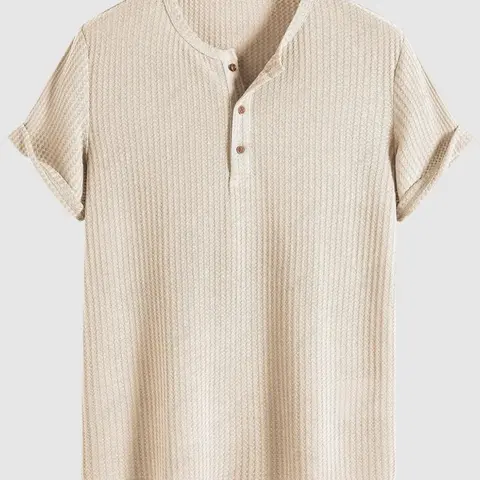 Men's Solid Plain Knit Henley Short Sleeve T-shirt, Regular Fit Casual Round Neck Top for Summer, Daily Wear, Soft Knit Tops