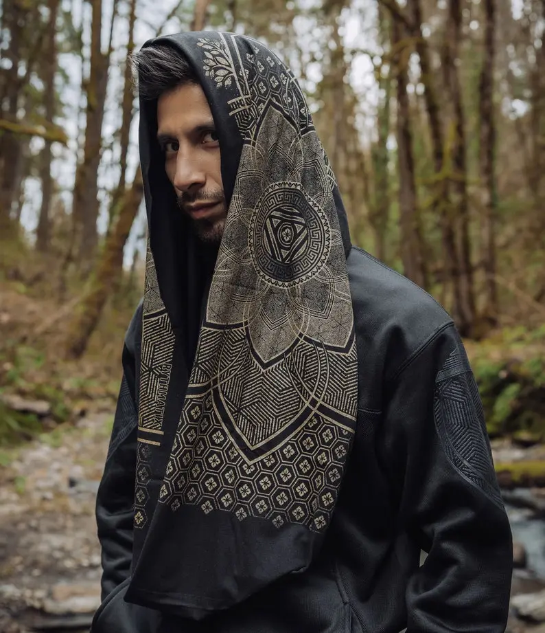 Superbloom Infinity Scarf / Sacred Geometry Festival Clothing / Bamboo + Organic Cotton Hood