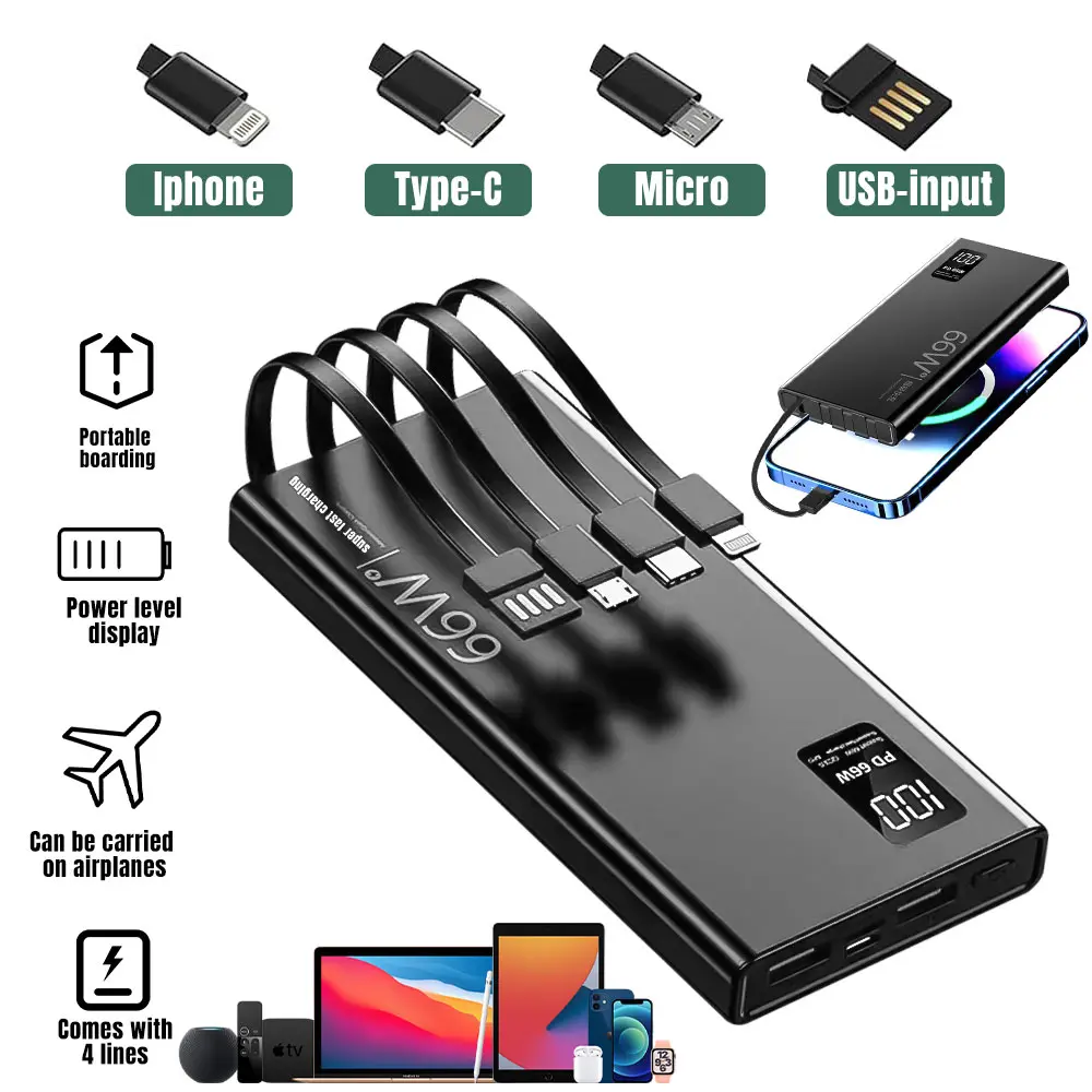 20000mAh 66W Power Bank PD 20W Fast Charger with 4 Built in Cables Portable External Battery for iPhone Samsung Android Black