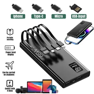 20000mAh 66W Power Bank PD 20W Fast Charger with 4 Built in Cables Portable External Battery for iPhone Samsung Android Black