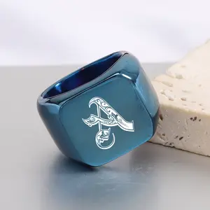 26 English Initials Personalized Titanium Steel Ring, Vintage Punk Square 18MM Blue Trendy Ring