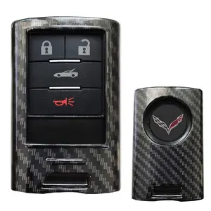 iJDMTOY Black Carbon Fiber Pattern Hard Plastic Shell Keyfob Protective & Keychain For Cadillac OEM 5923887 22756465, etc (ATS CTS DTS XTS SRX STS Escalade C7 Corvette)