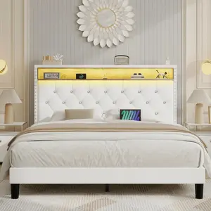 Full/ Queen/ King Size Bed Frame With Storage Shelf Headboard, Velvet Upholstered Bed Frame With LED Lights & Charging Station, Modern Bed Frame With Diamond Tufted Headboard, No Box Spring Needed, Black/ White, Full/ Queen/ King mirror