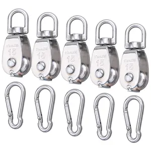 5 Pcs M15 Single Pulley Block,304 Stainless Steel Lifting Crane Pulley,Wire Rope Hanging Pulley Wheel with 5 Pcs Spring Snap Hook–360° Swivel Head, 80lbs Load Capacity, Anti-Rust Heavy Duty Rigging Hardware for Marine, Camping, Garage, and Industrial Use