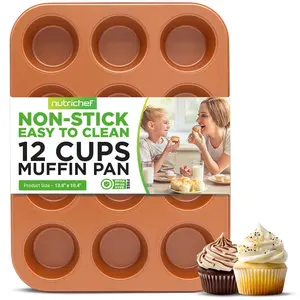 12-Cup Muffin Pan - Copper | Even Heating, Non-Stick Carbon Steel Baking Tray - Ideal for Home Baking, Food Prep & Serving - Bakeware Essentials