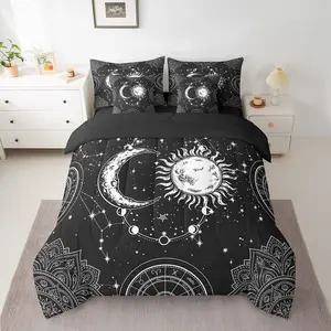 Sun and Moon 7 Piece Bedding Set,Constellation Galaxy Comforter Set for Boys Girls Teens,Psychedelic Boho Mandala Bedding Set,Celestial Black White