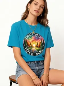 Women's Cropped T-Shirt, Country Roads Western Graphic Tee in Soft Cotton, Casual Short Sleeve Summer Top, Shortsleeve