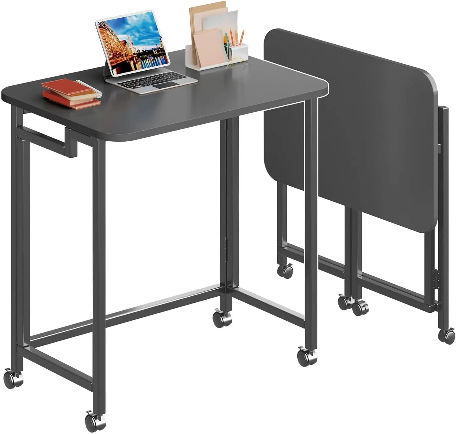23.6" Mobile Small Rolling Computer Desk, Folding Laptop Cart Table with Wheels, Portable Office Desk for Small Space Couch Bed -  Black