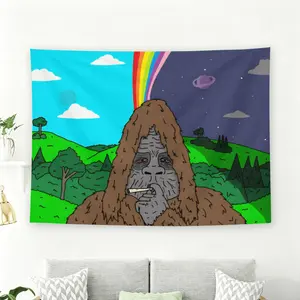Sassy the Sasquatch Smoking Rainbow Background Wall Flag, The Big Lez Show Meme Tapestry, Trippy Room Decor