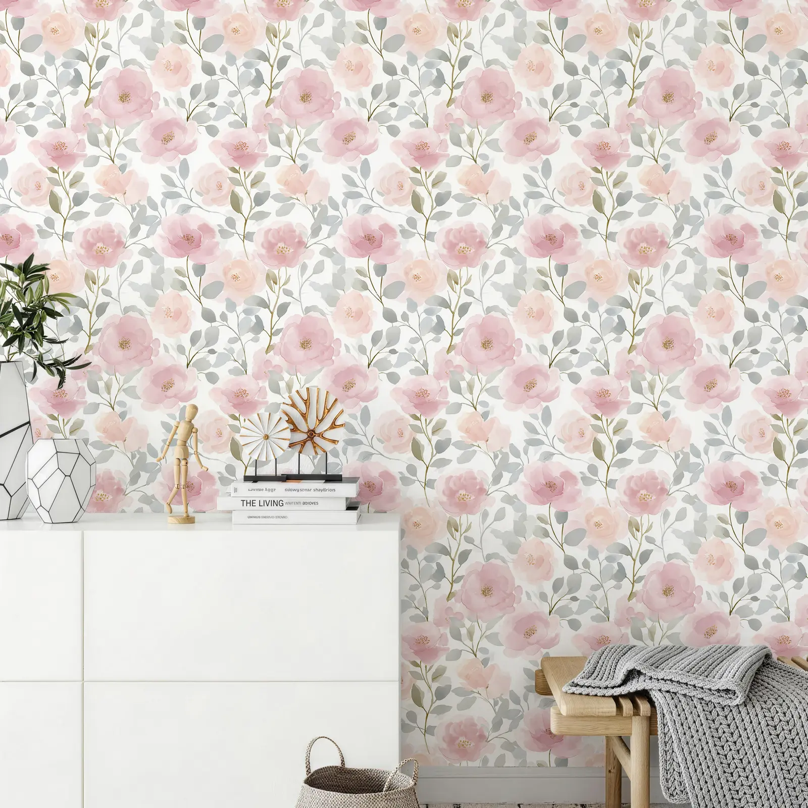 Floral Peel and Stick Wallpaper, Removable Self Adhesive Wall Paper for Bedroom Bathroom Living Room, Vintage Pink Flower Wall Decor for DIY Home Makeover