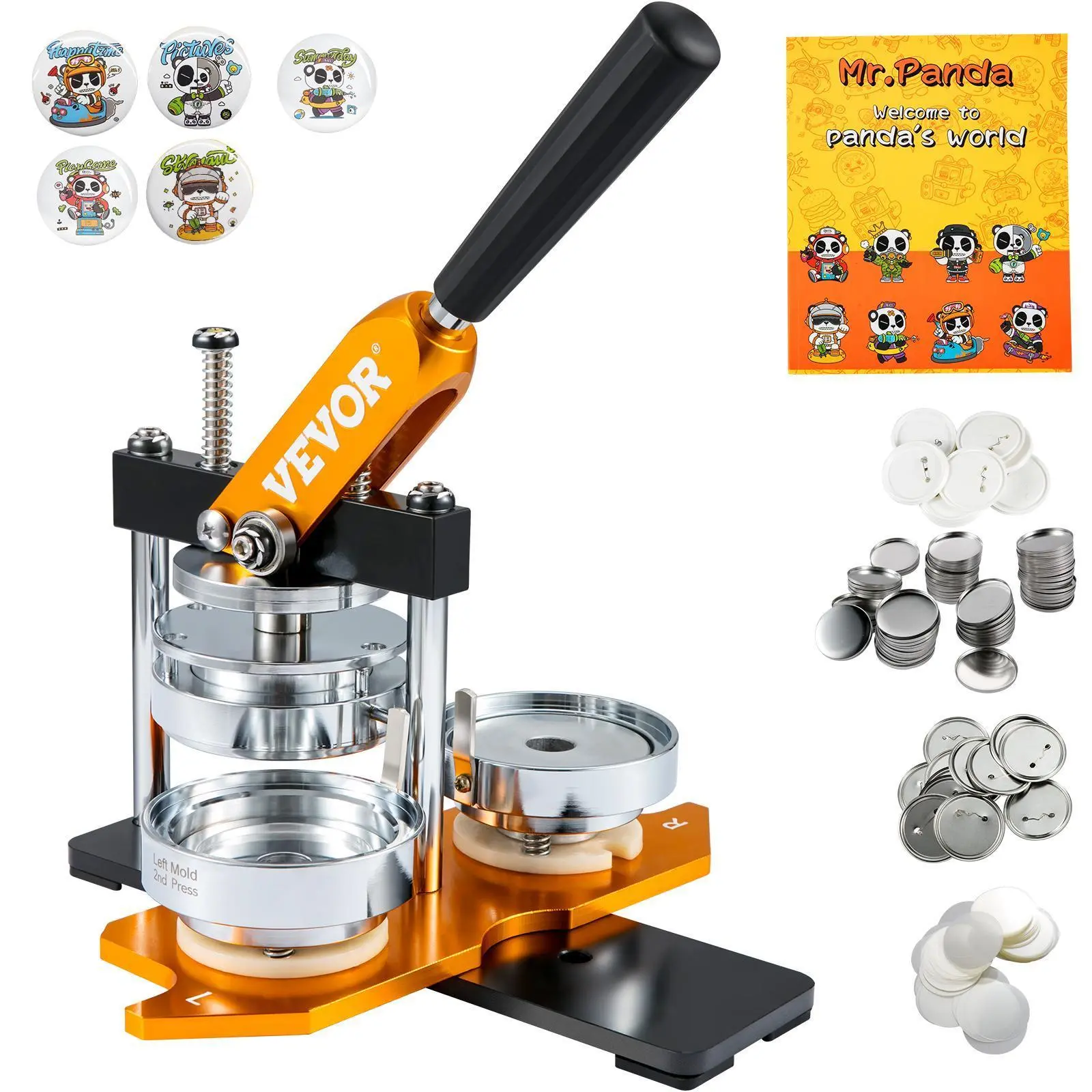 【Fallpicks】VEVOR Steel Alloy Button Maker Machine, 75mm (3in) Badge Punch Press Kit with 500pcs Button Parts, Circle Cutter & Magic Book, Sewing Accessory for Crafts, Holidays Gift for Wife, Panda Patterns DIY Projects