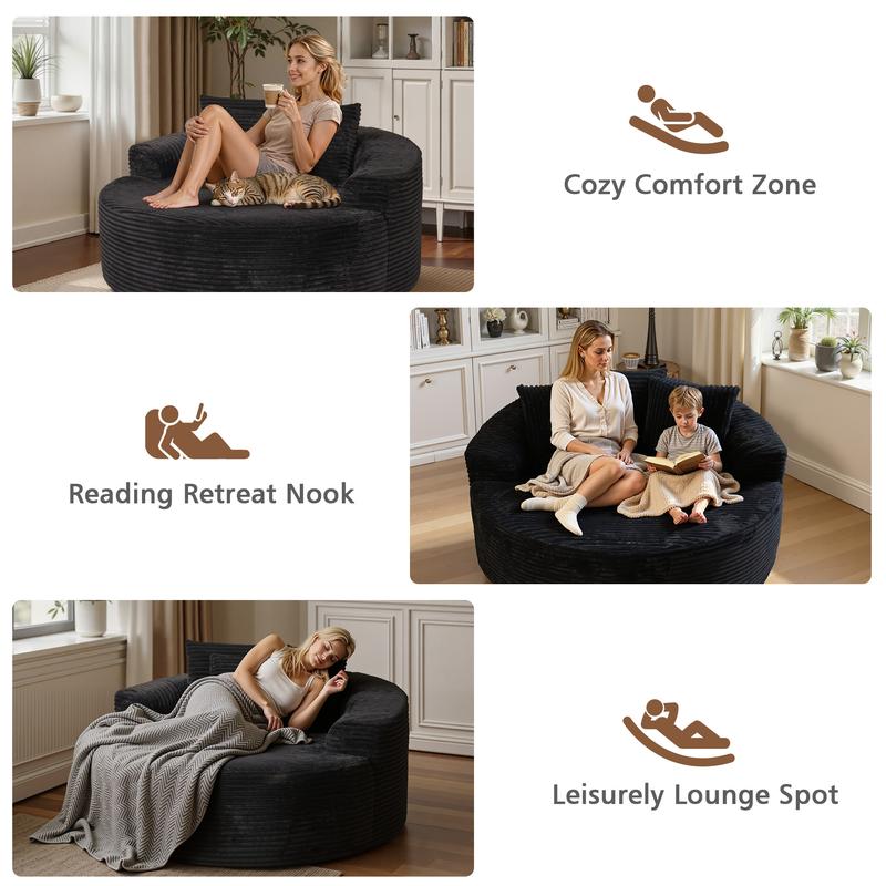 CAODOC 59" W Oversized Round Sofa Bed - Boneless&Modern O-Shape, Modern Deep Seat Couch with 3 Pillows, No Assembly Required, Plush Corduroy Fabric
