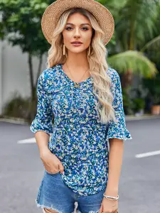 Women’s 3/4 Bell Sleeve V-Neck Top – Flowy Ruffle Knit Shirt for Summer