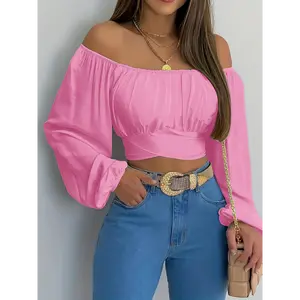 Women's Solid Cross Tie Back Crop Blouse - Casual Off Shoulder Long Sleeve Top, Fitted Design, Comfortable Fabric, Style Shirts Pink White Sexy Womenswear Spandex Polyester Short