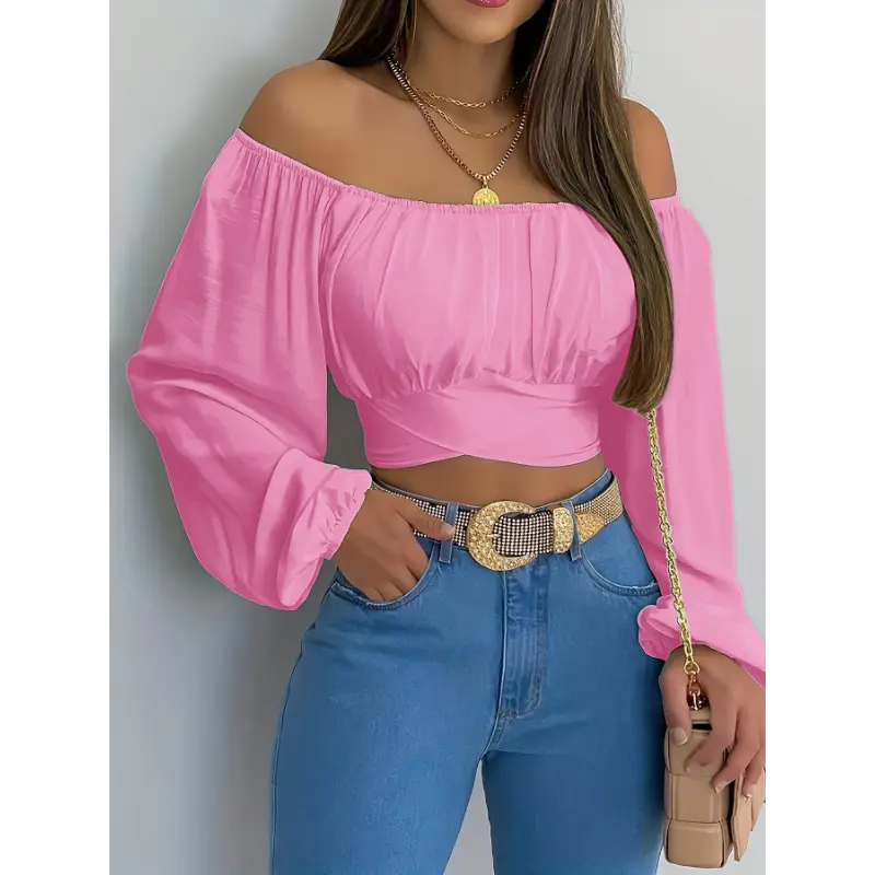Women's Solid Cross Tie Back Crop Blouse - Casual Off Shoulder Long Sleeve Top, Fitted Design, Comfortable Fabric, Style Shirts Pink White Sexy Womenswear Spandex Polyester Short