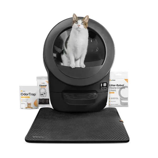 Whisker Litter-Robot EVO Bundle, Automatic Self-Cleaning Cat Litter Box, Black, Compact Space-Saving Design, Advanced Odor Control, Includes Mat and Supply Kit