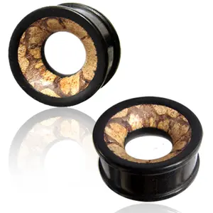 Organic Arang Wood Antique Vintage Wood Inlay Double Flared Saddle Ear Tunnels, Pair