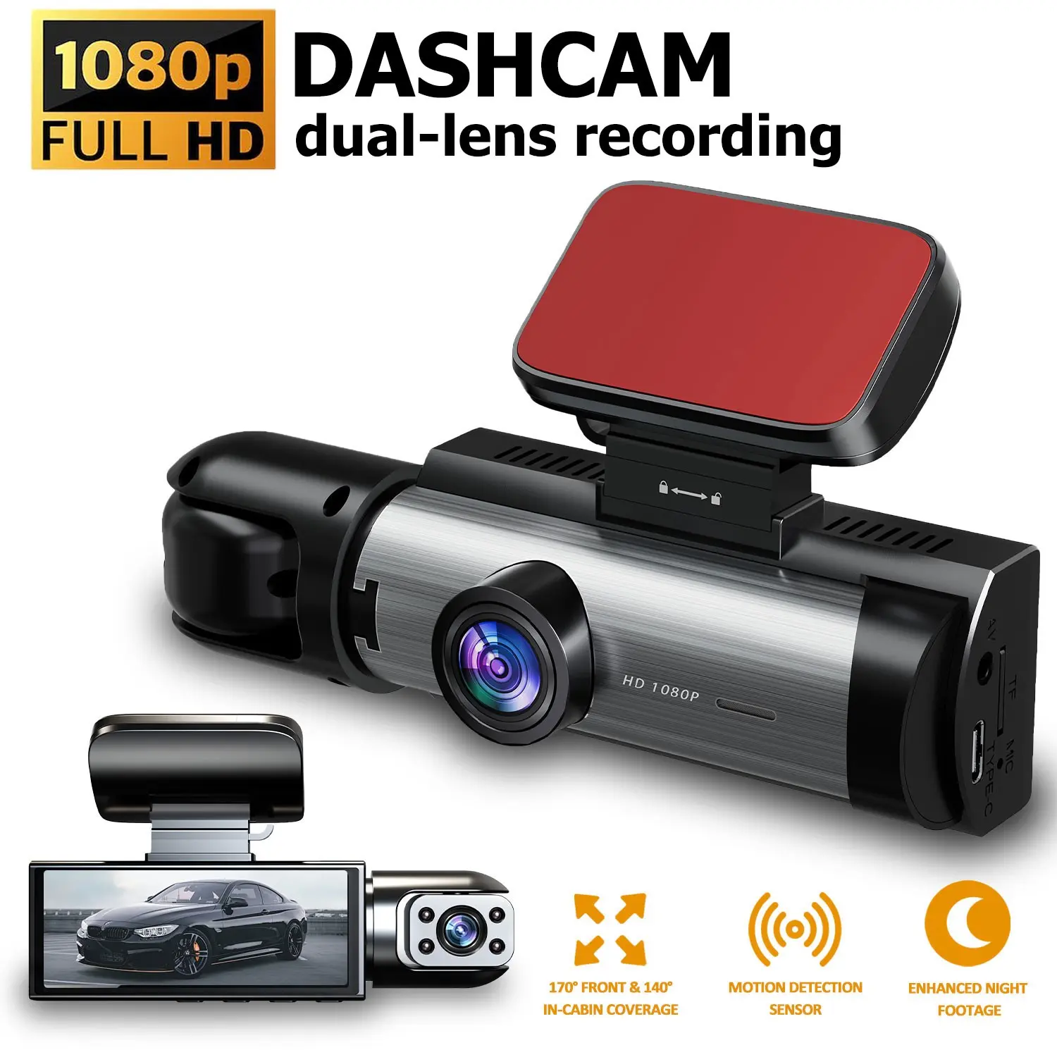 Dual-camera dashcam with 1080P front and 720P rear recording, night vision function, loop recording, optional memory card, suitable for car/truck safety cameras.