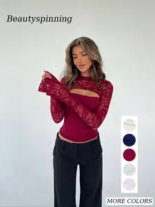 Elegant Lace Patchwork Long Sleeve Top, Sexy Hollow Out Design, Perfect for Bar Parties and Vacation, Versatile Women's Blouse