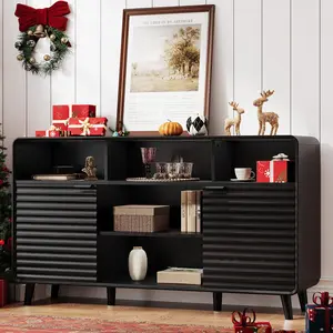 ONBRILL 58 Inch Curved Sideboard Buffet Cabinet w/2 Wave Doors & Open Storage Spaces Angled Frame Adjustable Shelves Coffee Bar for Dining Living Room