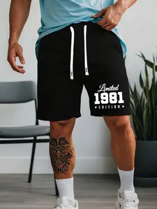 Men's 1981 Limited Edition Number Print Casual Shorts, American Vintage Street Style, Fitted Graphic Shorts for All Seasons
