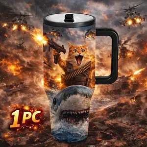 1 Pc 40oz Thermal Mug, Leak-Proof, Double Wall Insulated Travel Mug, Battle-Ready Armed Cat with Gun & Shark Graphic, Perfect for Hot & Cold Drinks, Ideal Gift for Men and Women, For Travel, Outdoor, Office, Holiday Gift Idea, Strong Handle, Easy-to-Clean